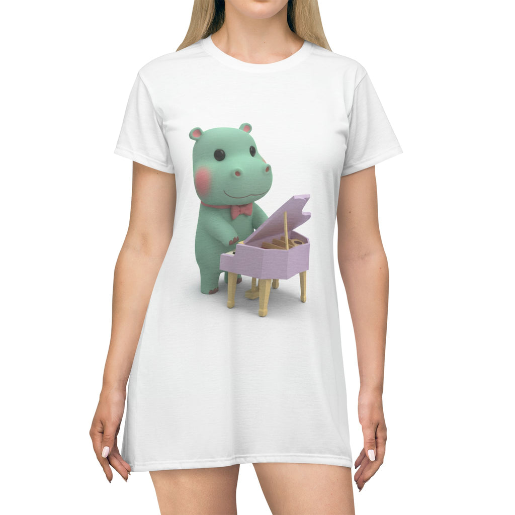 Cute Hippo Playing Piano T‑Shirt Dress — Whimsical Animal Music Graphic