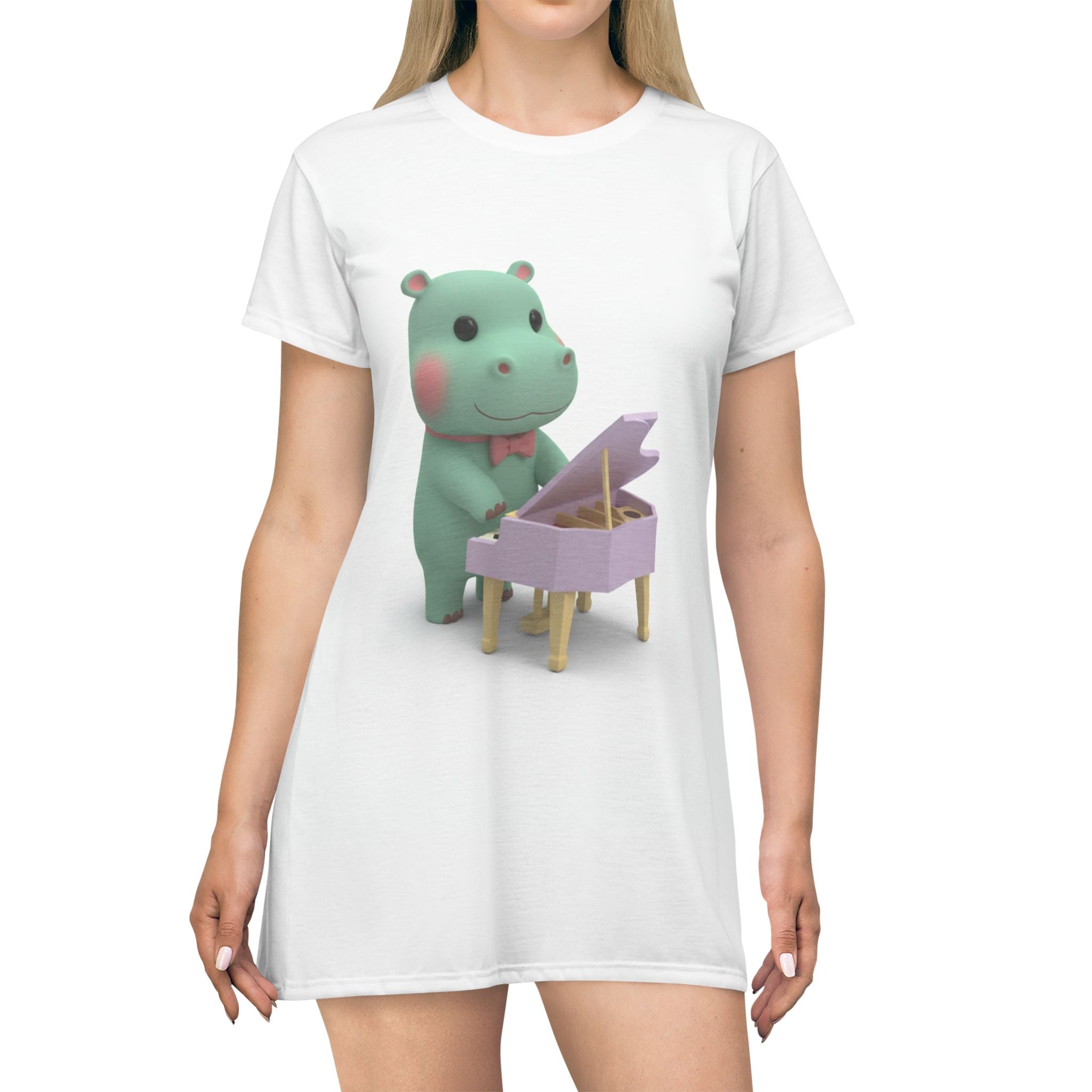 Cute Hippo Playing Piano T‑Shirt Dress — Whimsical Animal Music Graphic